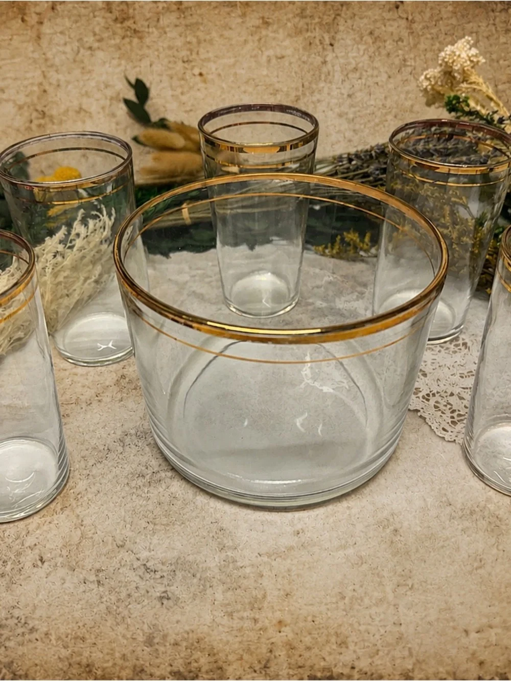 Vintage Gold Rim Glass Ice Bucket with 5 Matching Tumblers Barware Cocktail Set